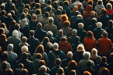 Poster - A picture showing a large group of people standing together in a crowd. This image can be used to depict unity, teamwork, social gatherings, or community events