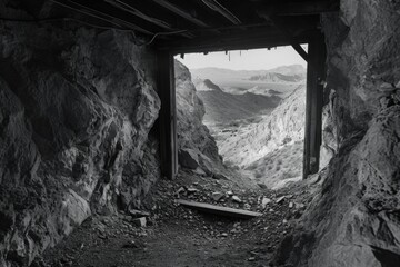 Aufkleber - A black and white photo of a tunnel in a mountain. Suitable for various uses