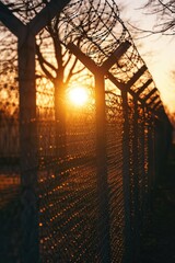 Poster - Sun setting behind a barbed wire fence, suitable for concepts related to freedom, imprisonment, security, and confinement