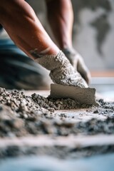 Poster - A man is laying cement on a floor. This image can be used for construction projects or as a representation of hard work and manual labor