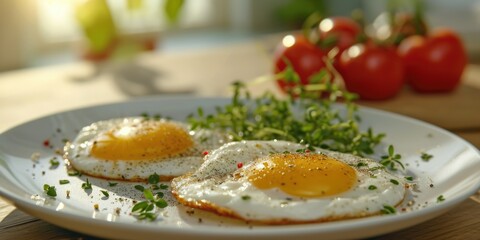 Poster - Two fried eggs served on a plate with a garnish of fresh parsley. This image can be used to showcase a delicious breakfast or brunch meal