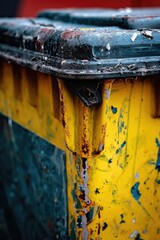 Poster - A detailed view of a yellow and green trash can. Suitable for waste management concepts