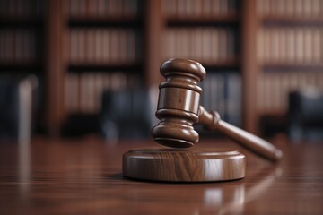 Poster - A wooden gavel sitting on top of a wooden table. Can be used in legal or business-related designs