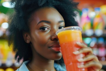 Poster - Woman enjoying a refreshing glass of orange juice. Ideal for health and wellness concepts