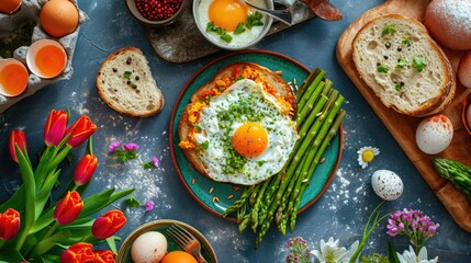 Canvas Print - A delicious plate of eggs, asparagus, and bread laid out on a table. Perfect for food blogs, restaurant menus, and cooking websites