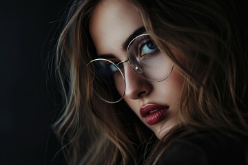 Poster - A woman wearing glasses and sporting vibrant red lipstick