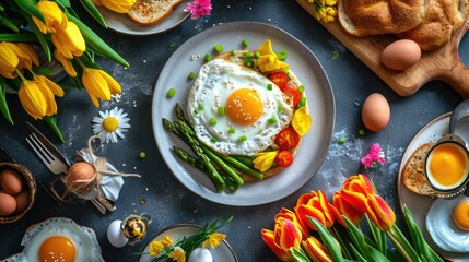 Poster - A table adorned with plates of delicious food and beautiful flowers. Perfect for showcasing a delectable meal or adding a touch of elegance to any event