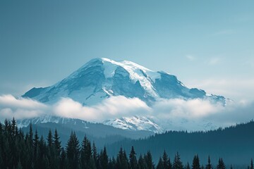 Poster - a picturesque view of a snow-covered mountain with beautiful trees in the foreground. perfect for wi