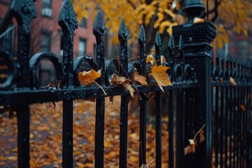 Poster - A picture of a black iron fence adorned with leaves. This versatile image can be used to depict various themes such as nature, autumn, gardens, architecture, or even spooky scenes