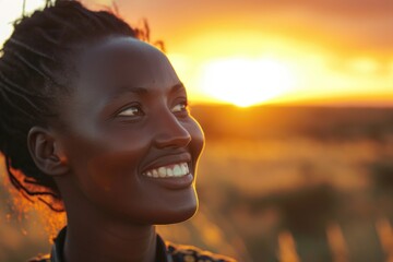 Poster - A woman smiles as the sun sets in the background. This image can be used to convey joy, happiness, and a peaceful atmosphere