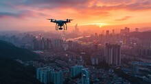 Advanced Drone Delivery Services, Drones Flying Over Bright, Modern Cityscapes In The Soft Light Of Morning