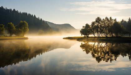 Wall Mural - Tranquil scene of mountain peak reflects in pond generated by AI