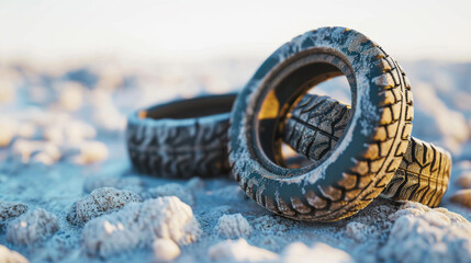 Wall Mural - Couple of tires sitting on top of sandy beach. Perfect for beach-themed designs or environmental concepts.