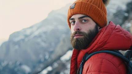 Poster - A man with a beard wearing a red jacket. Suitable for various concepts and themes