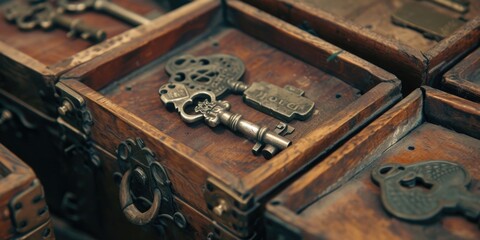 Poster - A collection of vintage keys arranged on top of a wooden box. Perfect for adding a touch of nostalgia and mystery to your designs