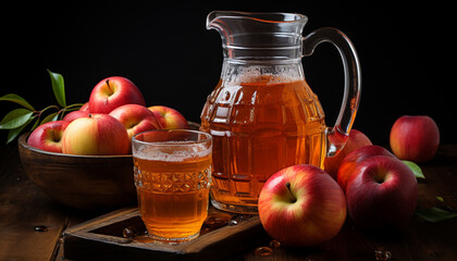 Canvas Print - Fresh apple juice in a glass on wooden table generated by AI