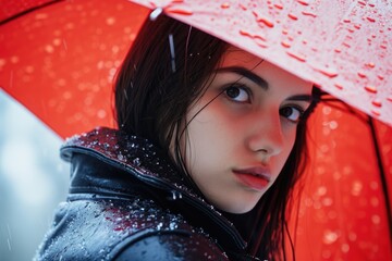 Poster - A woman standing in the snow, holding a red umbrella. This image can be used to depict winter weather or protection from the elements