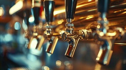 Poster - A row of beer taps in a bar. Ideal for use in articles or advertisements related to craft beer, bars, or nightlife