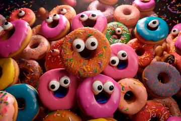 Wall Mural - Funny donuts. Background. Some cute donuts with faces. Living food. National Donut Day or Fat Thursday. Illustration for pizzeria, cafe, fast food, menu, advertising.