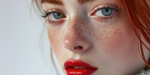 Wall Mural - A close-up view of a woman's face with freckles. This image can be used for beauty, skincare, or natural beauty concepts