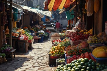 Poster - A vibrant display of a wide variety of fresh fruits and vegetables at a bustling market. Perfect for food-related projects and healthy eating concepts
