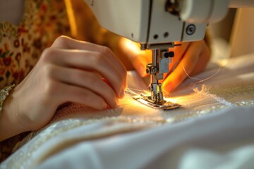 Poster - Close up view of a person operating a sewing machine. Suitable for showcasing sewing skills or DIY projects
