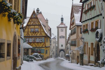 Poster - A picturesque snowy street with a majestic clock tower in the background. Ideal for winter-themed designs and holiday concepts