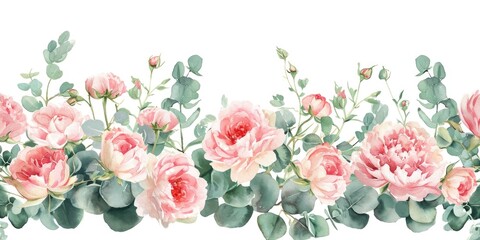Poster - A row of beautiful pink roses with vibrant green leaves. Perfect for adding a touch of elegance to any project