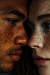 Poster - A close up view of a man and a woman's faces. This image can be used to represent relationships, emotions, or diversity