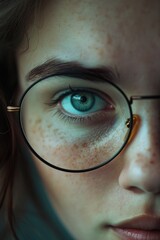 Aufkleber - A detailed close-up of a person wearing glasses. Suitable for various uses
