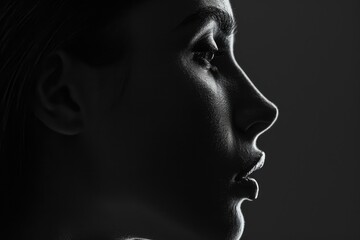 Poster - A black and white photo capturing the beauty and expression on a woman's face. This versatile image can be used in various contexts