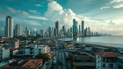 Aufkleber - A panoramic view of a cityscape seen from a high rise building. Perfect for urban-themed designs and advertisements
