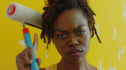 Poster - A woman holding a paint roller and a toothbrush. Perfect for home improvement projects or cleaning concepts