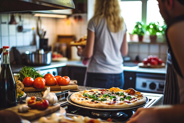 Wall Mural - A couple in the home kitchen watching homemade pizza baking in the oven