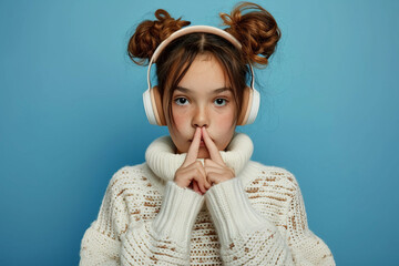 A young Hispanic girl wearing a white knitted sweater on a blue background makes a gesture of silence with her finger to her lips, wearing wireless headphones. Quiet