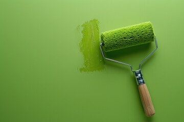 Fototapete - A green paint roller with a sturdy wooden handle. Ideal for painting walls, ceilings, and other surfaces. Versatile tool for DIY projects and professional painting jobs