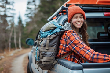 Canvas Print - Portrait of a young woman loading a backpack into a pickup truck for a trip to a summer cottage in the countryside