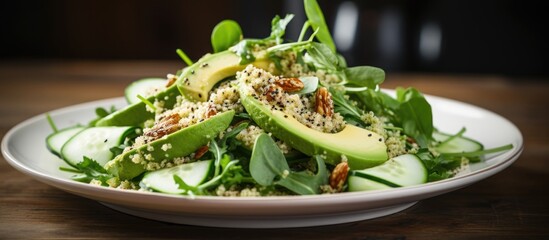 Poster - Green salad with quinoa, zucchini, avocado, pear, green peas and dressing.