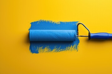 Poster - Blue paint roller on a vibrant yellow background. Perfect for artistic projects or interior design themes