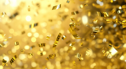 Wall Mural - golden confetti falling on gold background. festive bokeh background	