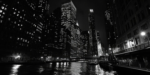 Poster - A black and white photo capturing the beauty of a city at night. Perfect for urban-themed projects and designs