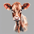 A calf painted in watercolors looks into the camera. Concept of agriculture