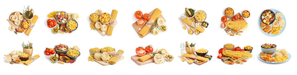 Wall Mural - Collage of raw pasta on white background