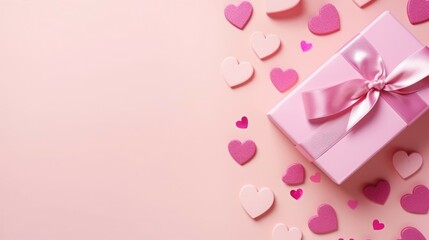 Wall Mural - Valentine's day background with hearts and gift box on pink