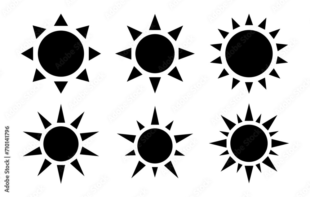 Sun vector set of six in black and white color. Sun simple icons ...
