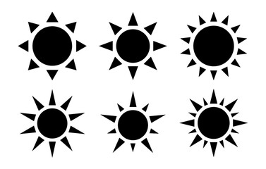 Wall Mural - Sun vector set of six in black and white color. Sun simple icons collection. Sun icon set, sunshine and solar glow, sunrise or sunset - Vector illustration