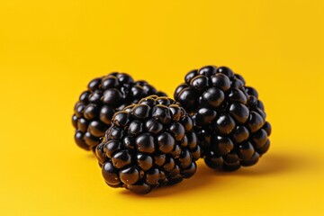 Aufkleber - Three blackberries placed on a vibrant yellow background. Perfect for food and fruit-themed designs