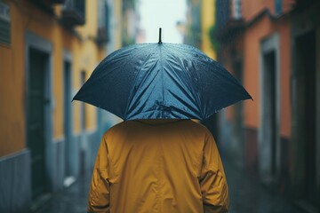 Poster - A person is seen walking down a street with an umbrella. This image can be used to depict a rainy day or someone seeking shelter from the rain
