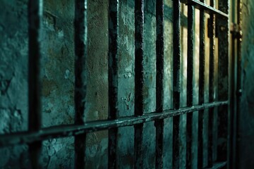 Poster - A picture of a jail cell with bars on the outside. Suitable for illustrating incarceration, prison, or confinement.