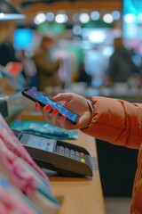 Aufkleber - A person is seen using a smart phone at a counter. This image can be used to illustrate technology, communication, or customer service
